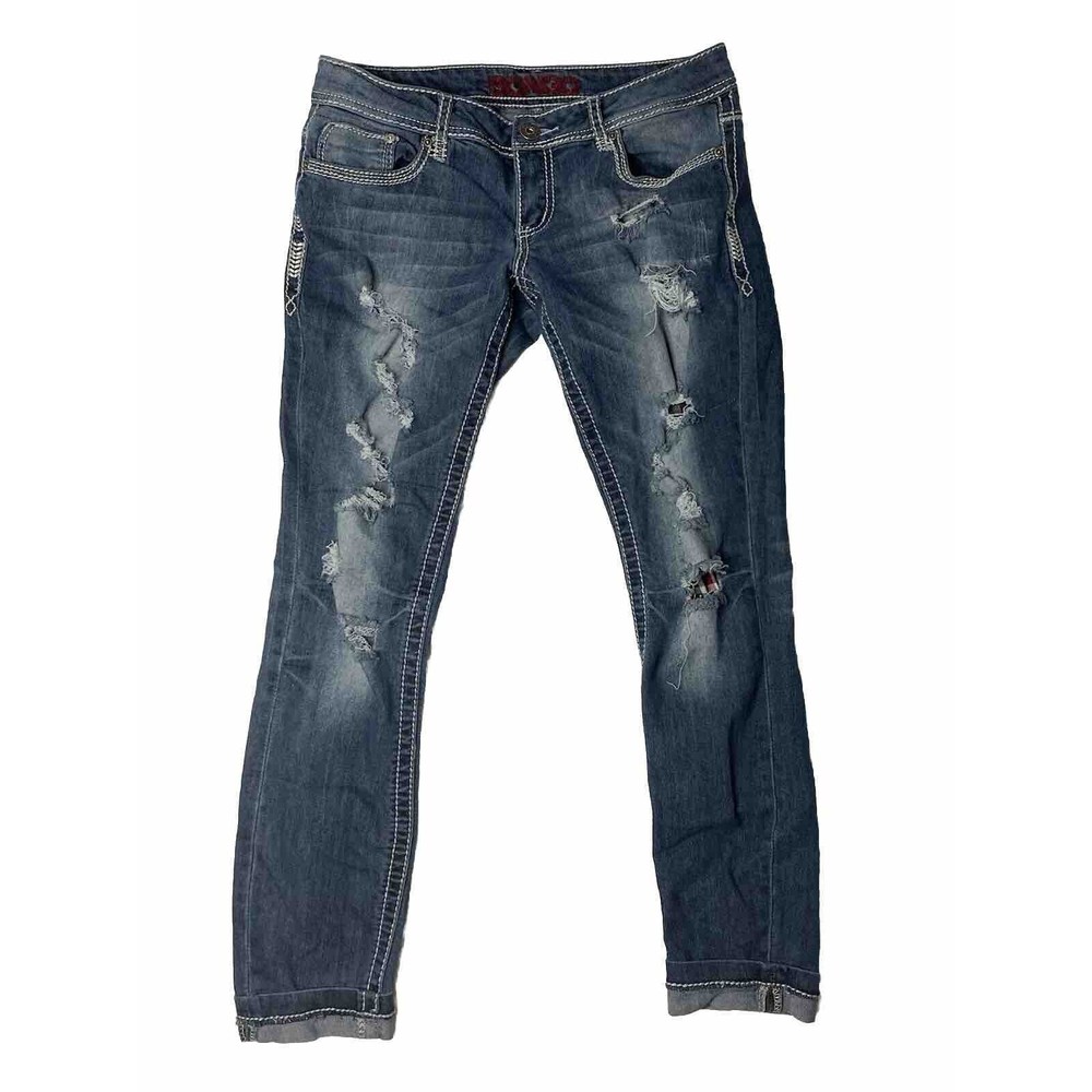 Bongo Womens Y2K Denim Distressed Jeans Low Rise Rolled Hem Embroidered Size‎ 7